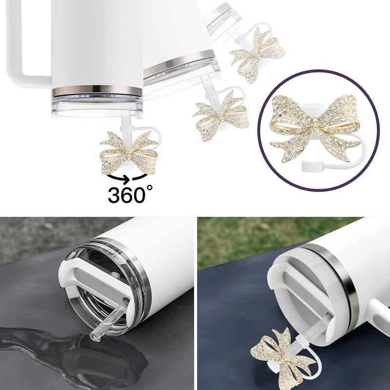 SEMATA 2PCS Cute Bow Straw Cover Cap for Stanley Cup Accessories,Bling Crystals Straw Toppers for Stanley Tumbler 40&30 oz,Rhinestone Reusable Straws Tips Protectors Compatible with 10mm Straws - Image 3